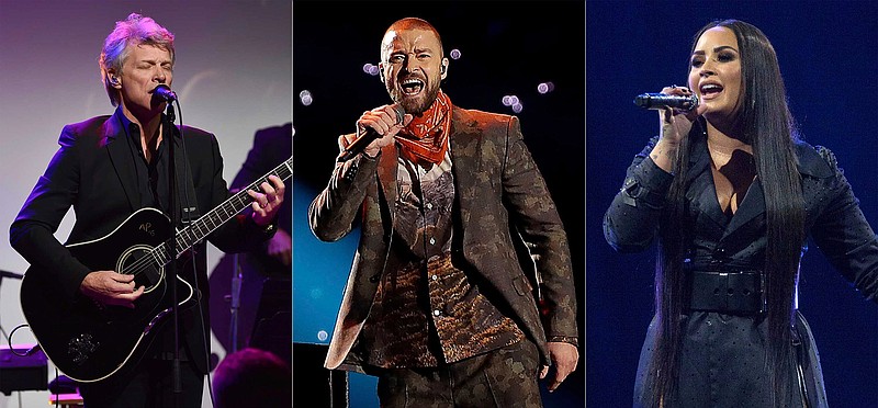 This combination photo shows musician Jon Bon Jovi performing at the Samsung Charity Gala in New York, Nov. 2, 2017, from left, Justin Timberlake performing during halftime of the NFL Super Bowl 52 football game in Minneapolis on Feb. 4, 2018 and Demi Lovato performing in London on June 25, 2018. Bon Jovi, Timberlake and Lovato will perform at a 90-minute primetime TV special celebrating the inauguration of Joe Biden as president of the United States. (AP Photo)