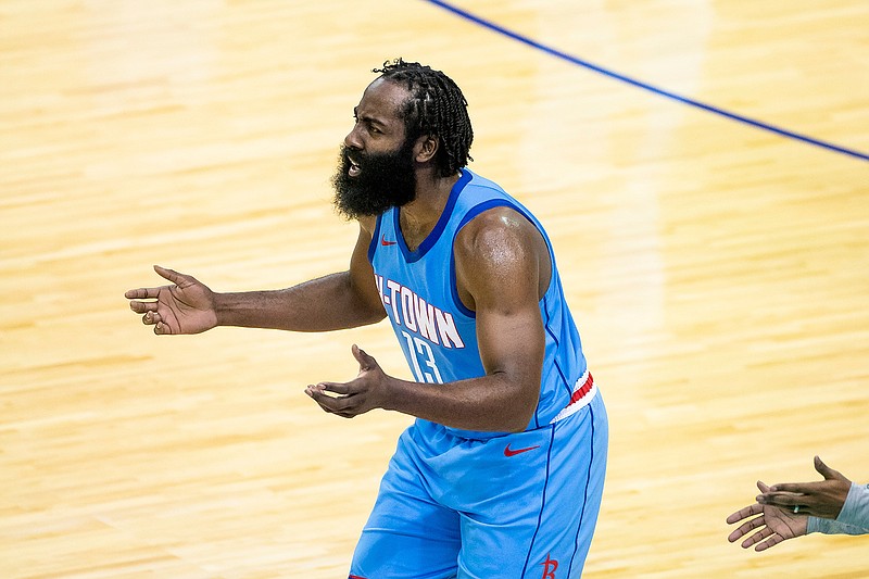 Houston Rockets guard James Harden (13) reacts to a call during the team's NBA basketball game against the Los Angeles Lakers on Tuesday, Jan. 12, 2021, in Houston. (Mark Mulligan/Houston Chronicle via AP)