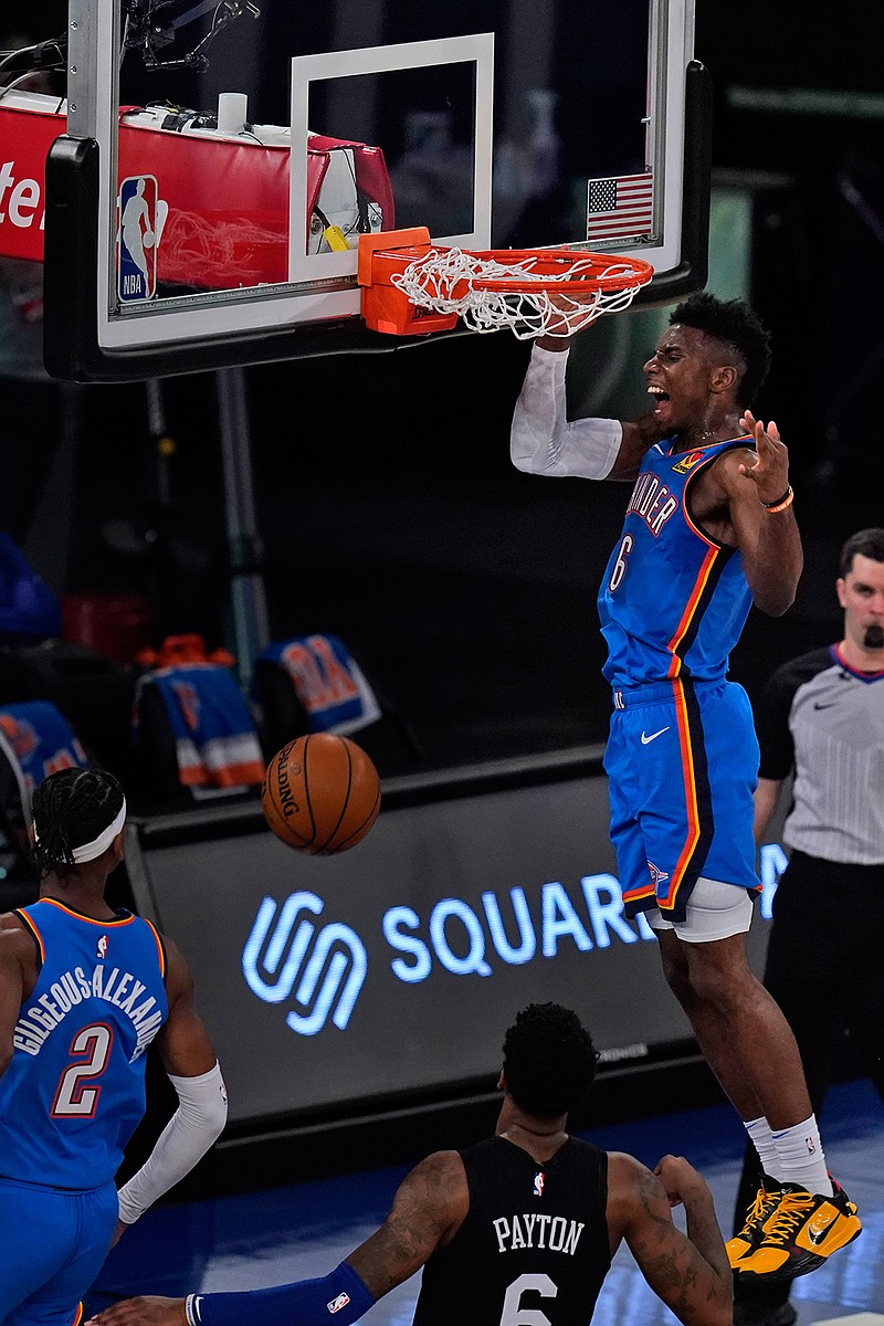 Oklahoma City Thunder's Hamidou Diallo completes an alley-oop during the second half of an NBA basketball game against the New York Knicks, Friday, Jan. 8, 2021, in New York. (AP Photo/Seth Wenig, Pool)