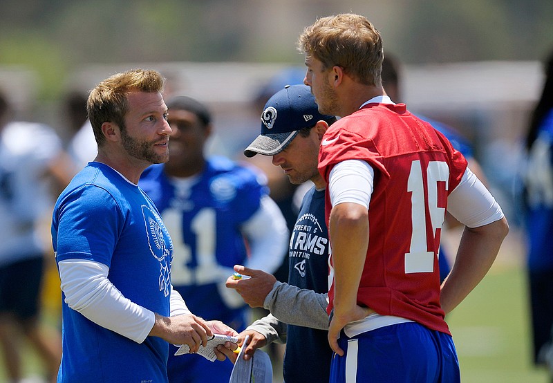 In this June 5, 2017, file photo, Los Angeles Rams coach Sean McVay, left, talks with quarterback Jared Goff, right, as offensive coordinator Matt LaFleur stands between them during NFL football practice in Thousand Oaks, Calif. Green Bay Packers coach LaFleur and Rams coach McVay say their friendship and shared history shouldn't have much of an impact on their teams' upcoming NFC divisional playoff matchup. (AP Photo/Mark J. Terrill, File)