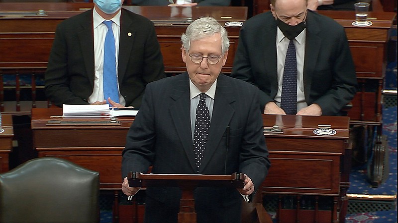 In this image from video, Senate Majority Leader Mitch McConnell of Ky., speaks as the Senate reconvenes after protesters stormed into the U.S. Capitol on Wednesday, Jan. 6, 2021. (Senate Television via AP)