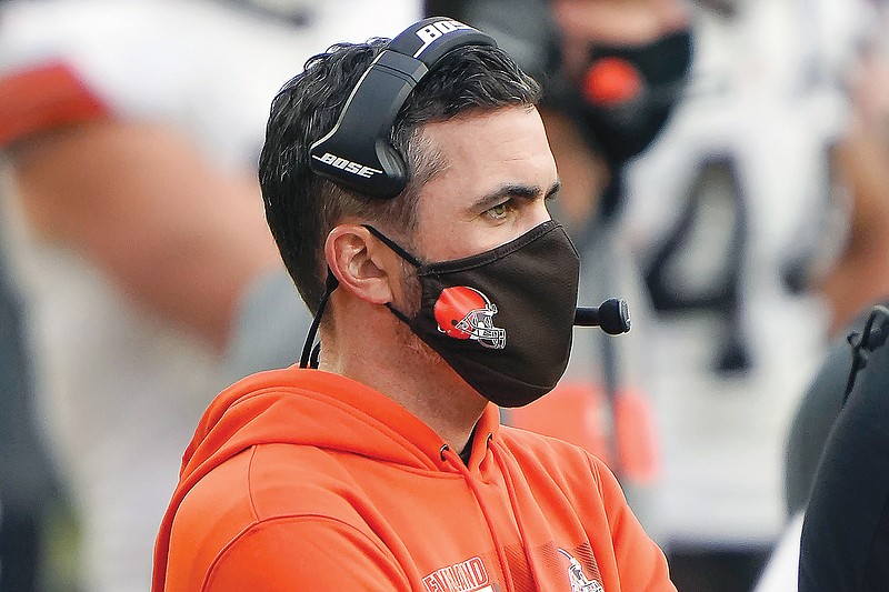 In this Oct. 18, 2020, file photo, Browns coach Kevin Stefanski looks on from the sideline during a game against the Steelers in Pittsburgh.