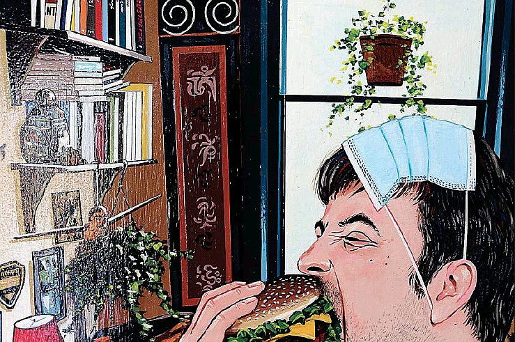 A closeup of Rodney Burlingame's "Then Came the Lockdown" shows a person biting into a cheeseburger. The piece is part of an exhibit titled "Quarantine Expressions" at Capital Arts Gallery in Jefferson City.