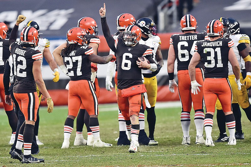 Browns quarterback Baker Mayfield celebrates after a Jan. 3 win against the Steelers in Cleveland to end the regular season.