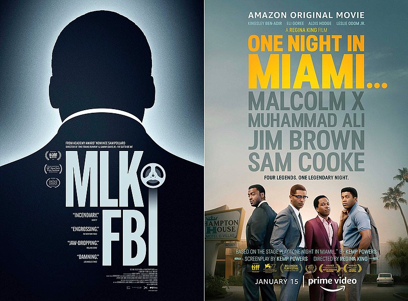 This combination of photos shows poster art for the documentary "MLK/FBI," left, in select theaters and available On Demand on Jan. 15, and the film "One Night in Miami," streaming Jan. 15 on Amazon Prime. (IFC Films, left, and Amazon Studios via AP)