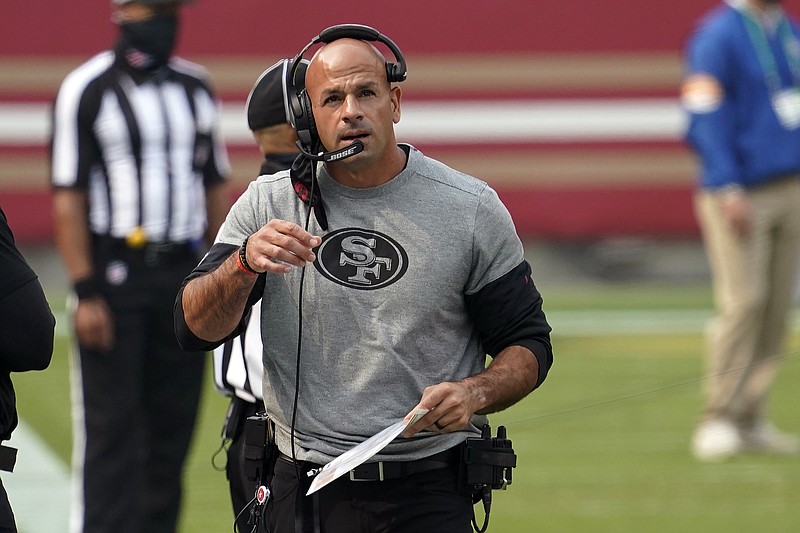 In this Sept. 13, 2020, file photo, 49ers defensive coordinator Robert Saleh is shown during a game against Cardinals in Santa Clara, Calif.