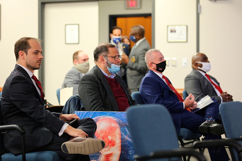 Supporters of a bill that would ban almost all abortions in South Carolina listen during a Senate subcommittee hearing on Jan. 14, 2021, in Columbia, S.C. The heartbeat abortion bill has stalled in recent years, but appears to have a good chance of passing in 2021.(AP Photo/Jeffrey Collins)