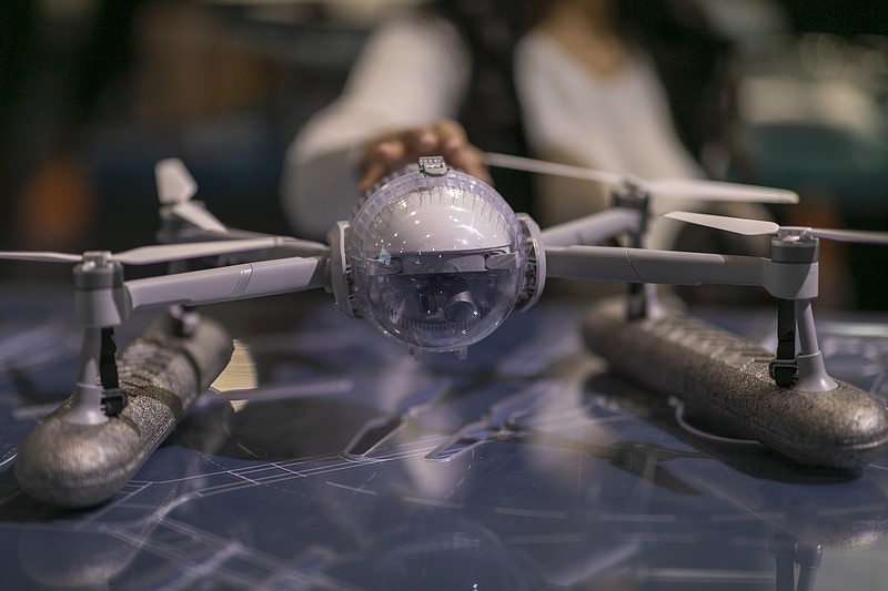 The PowerEgg X autonomous personal AI camera is configured as a waterproof drone with pontoons at the 2020 Consumer Electronics Show (CES) in Las Vegas, Nevada on Jan. 9, 2020. (David McNew/AFP/Getty Images/TNS)