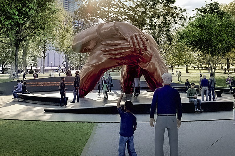 This artist's rendering provided by MASS Design Group illustrates a proposed monument entitled "The Embrace," consisting of four 22-foot-high intertwined bronze arms. As cities and states continue to grapple with the legacy of controversial monuments, Boston is moving forward with a major effort commemorating Martin Luther King Jr. and Coretta Scott King. Organizers are building what they say will be the country's largest memorial dedicated to racial equity at the site of a 1965 civil rights rally that MLK led on the city's historic Boston Common. (Hank Willis Thomas/MASS Design Group via AP)