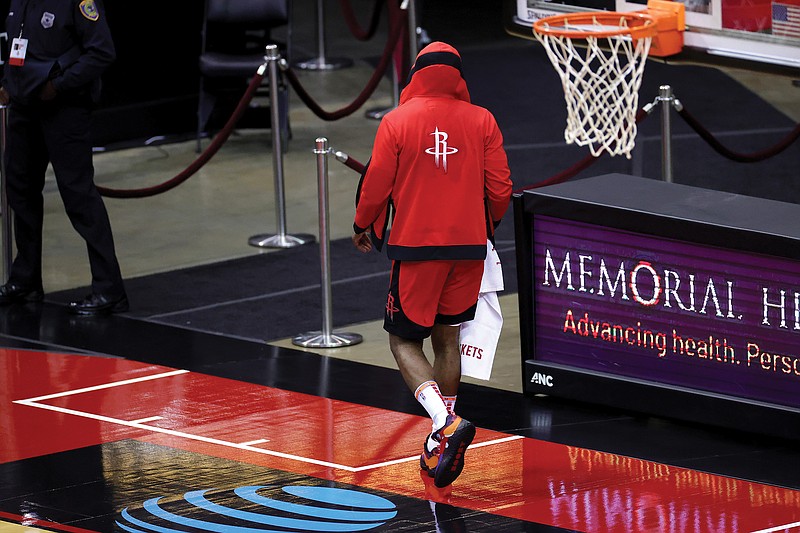 James Harden leaves the court following the Rockets' loss Sunday to the Lakers in Houston. 