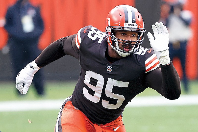 Browns defensive end Myles Garrett runs off of the line of scrimmage during a Jan. 3 game against the Steelers in Cleveland.