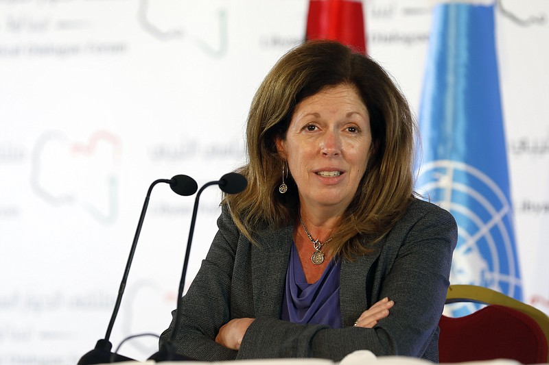 FILE - In this Nov. 15, 2020 file photo, Stephanie Williams, Acting Special Representative of the Secretary-General and Head of the United Nations Support Mission speaks during a news conference in Tunis, Tunisia. Williams said Saturday, Jan. 16, 2021,  an advisory committee of the Libyan Political Dialogue Forum agreed on a recommended mechanism for choosing a transitional government that would lead the conflict-stricken country to elections late this year. (AP Photo/Walid Haddad, File)