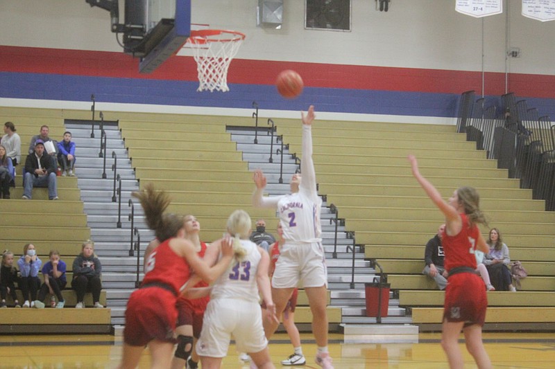 <p>Democrat photo/Kevin Labotka</p><p>KaLynn Irey scores Jan. 16 during the Pintos’ 71-38 win against Marshall in the championship match of the California girls basketball tournament. Irey went on to be named a tournament co-MVP.</p>