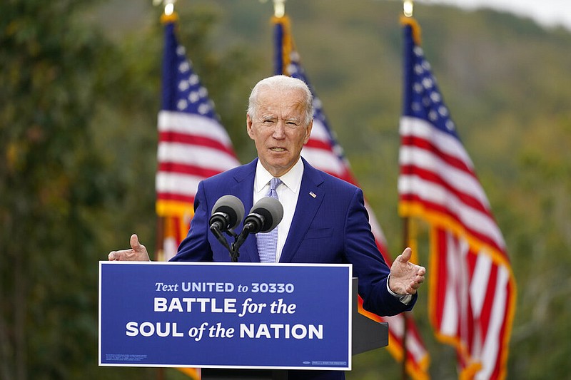 In this Oct. 27, 2020, file photo, then-Democratic presidential candidate former Vice President Joe Biden speaks at Mountain Top Inn & Resort in Warm Springs, Ga. President-elect Joe Biden has evoked Franklin Delano Roosevelt in promising a remaking of America unseen since the New Deal. Pledging to emulate some of the loftiest reforms in the nation's history has left him with towering promises to keep. And Biden hopes to deliver against the backdrop of the pandemic and searing national division. (AP Photo/Andrew Harnik, File)