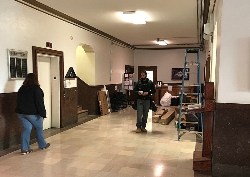 Energy efficiency work crews continue improvements inside the Miller County Courthouse's Tax Assessor's Office. Work could be completed by the end of this month or by the start of next month. (Staff photo by Greg Bischof)