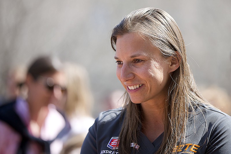 In this  April 2, 2015, file photo, auto racing driver Simona de Silvestro speaks with students during a news conference at the The Franklin Institute in Philadelphia.