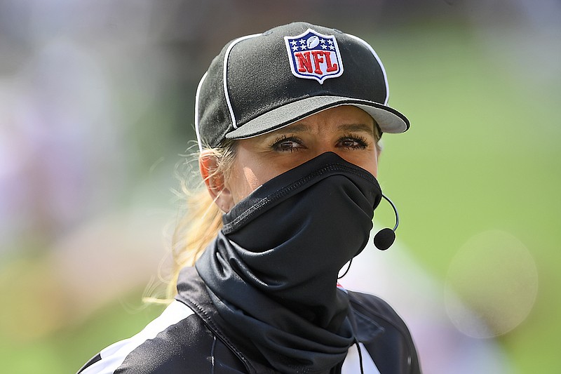 Down judge Sarah Thomas is shown before a game this season between the Browns and the Washington Football Team in Cleveland.