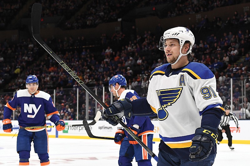 In this Oct. 14, 2019, file photo, Vladimir Tarasenko of the Blues reacts during a game against the Islanders in Uniondale, N.Y. The Blues will need to free up cap space when Tarasenko returns from a shoulder injury. 