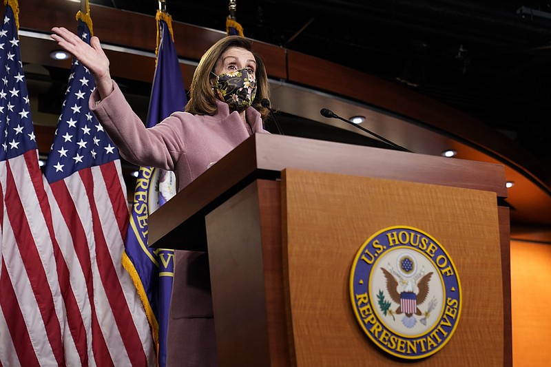 House Speaker Nancy Pelosi of Calif., speaks during a news conference on Capitol Hill in Washington, Thursday, Jan. 21, 2021. (AP Photo/Susan Walsh)