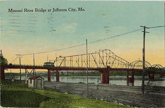 <p>Courtesy of Missouri State Archives</p><p>An early postcard shows a trolley crossing the original Missouri River bridge in Jefferson City built in 1896 connecting passengers and shipments to and from the MK&T Railroad North Jefferson depot in Callaway County.</p>