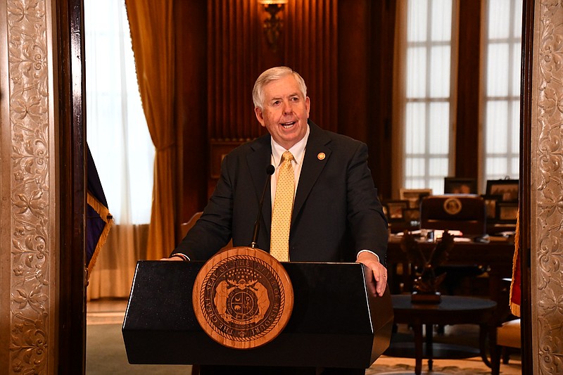 FILE: Missouri Gov. Mike Parson speaks during a briefing Thursday, Feb. 4, 2021.