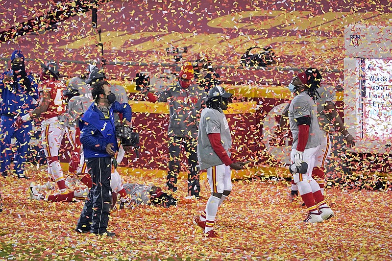 Chiefs players celebrate after last month's win against the Bills in the AFC Championship Game at Arrowhead Stadium.