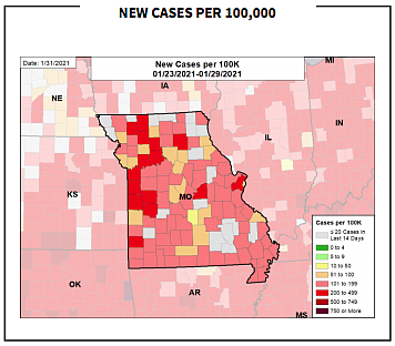 Data from the White House COVID-19 team showed although Missouri had new coronavirus cases during the week ending Jan. 31, it remained well below regional (Midwest) numbers of 214 new cases per 100,000 and the national rate of 324 per 100,000. For the full report, see Fulton Sun's website.