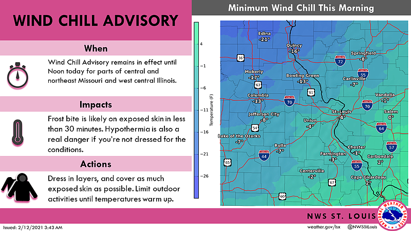 The National Weather Service in St. Louis has issued a Wind Chill Advisory affecting Mid-Missouri from 9 p.m. Friday, Feb. 12, 2021, through noon Saturday, Feb. 13, 2021.