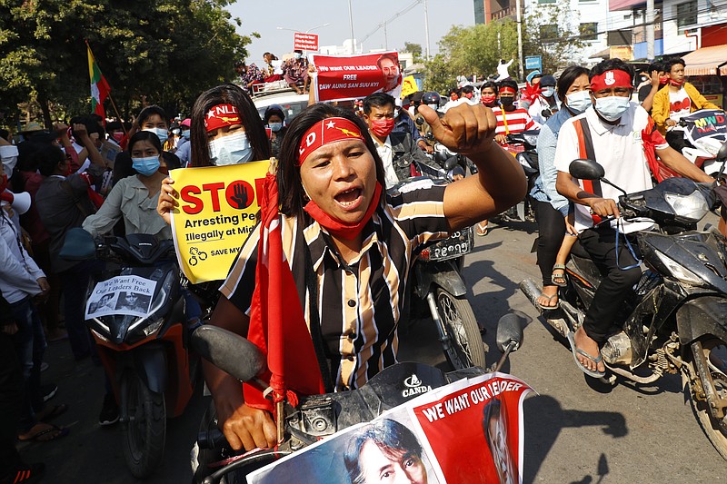 Anti-coup protesters join a rally on motorcycles in Mandalay, Myanmar, Saturday, Feb. 13, 2021. Mass street demonstrations in Myanmar have entered their second week with neither protesters nor the military government they seek to unseat showing any signs of backing off from confrontations. (AP Photos)