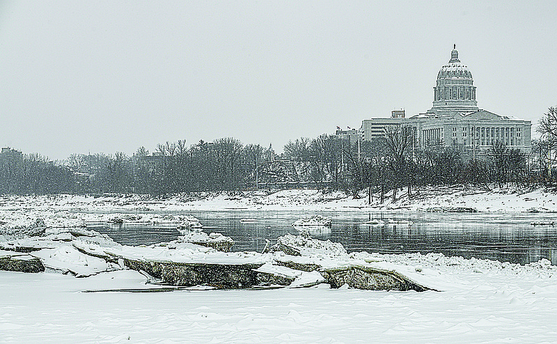 FILE: An ice formation occurred Tuesday, Feb. 17, 2021, on the Missouri River, about 5 miles upstream from the Missouri River Bridge in Jefferson City.