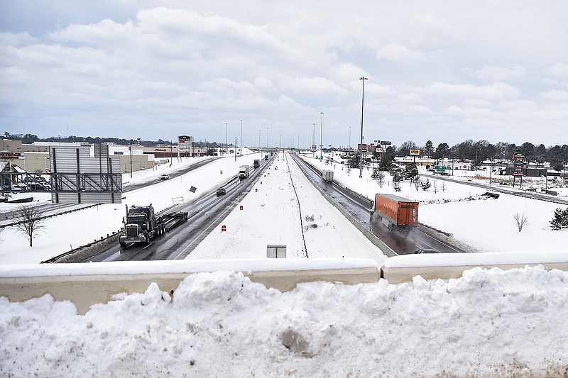 The east and west lanes of Interstate 30 are shown Thursday from Cowhorn Creek Bridge in Texarkana, Texas. The roads appeared to be mostly clear and free of snow at the time the photo was taken at about 1 p.m.