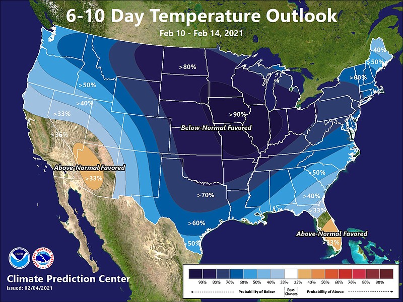 This illustration made available by the National Weather Service on Thursday, Feb. 4, 2021 shows a Feb. 10-14 forecast for below-normal temperatures for large parts of the United States. The mid-February killer freeze was no surprise and yet catastrophe happened. Meteorologists, government and private, saw it coming, some nearly three weeks in advance. They started sounding warnings two weeks in advance. They talked to officials. They tweeted and used other social media and were downright blunt. (National Weather Service via AP)