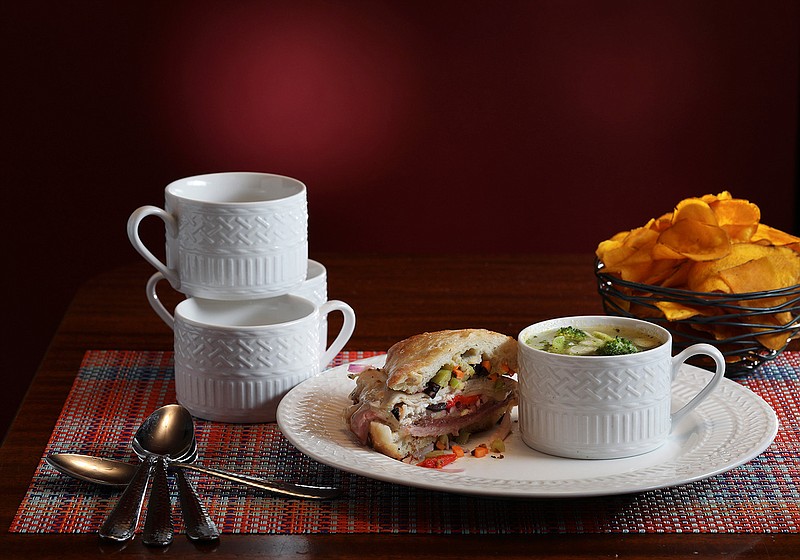 Spicy broccoli soup with a hot sandwich, prepared and styled by Shannon Kinsella, in her house, Wednesday Jan. 13,  2021. (Abel Uribe/Chicago Tribune/TNS)