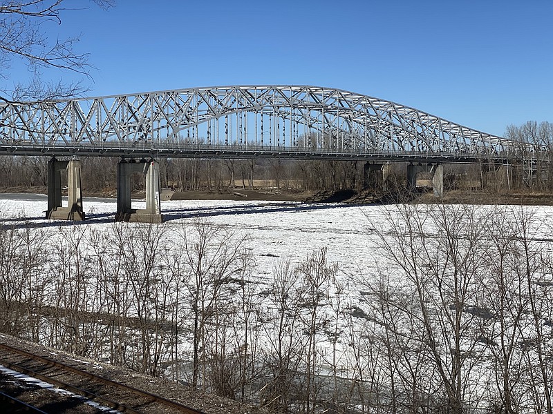 An ice jam that began forming on the Missouri River near Jefferson City on Feb. 16, 2021, is pictured breaking down Wednesday, Feb. 23, 2021.