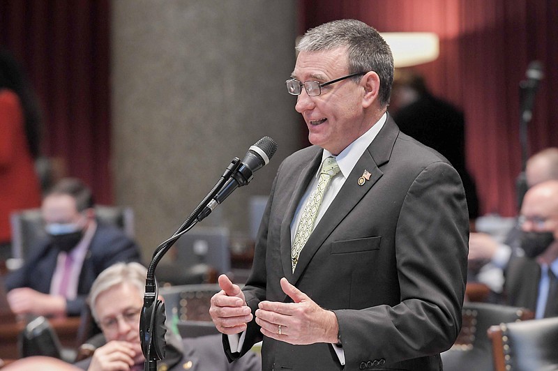 Republican State Rep. Mike Haffner addresses the Missouri House chamber during floor debate of House Bill 527 on Thursday, Feb. 25, 2021.  This legislation is related to eminent domain usage for utility purposes.