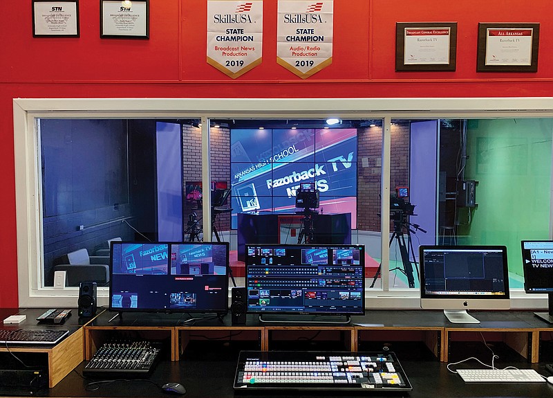 Arkansas High's audio and control room, which was remodeled in August 2020, is shown. Razorback TV News has been recognized by the Student Television Network for earning the program's third consecutive Broadcast Excellence Award. (Photo courtesy of Michael Westbrook)
