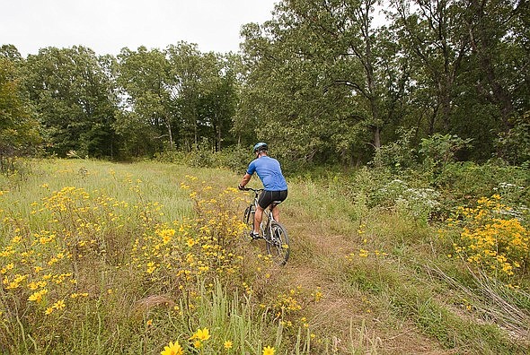 <p>Courtesy of Missouri Department of Conservation</p><p>The Missouri Department of Conservation has proposed regulations that would allow the expanded use of bicycles on most department-area service roads and add the allowance of electric bicycles. Shown in this photo is a cyclist on a trail at Canaan Conservation Area in Gasconade County.</p>