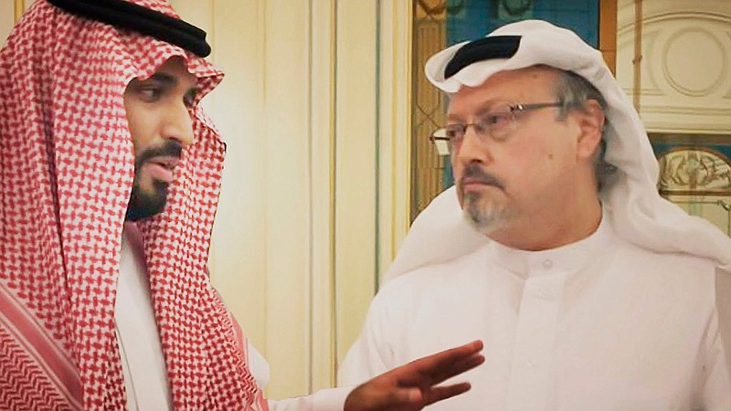 This image released by Briarcliff Entertainment shows Saudi Crown Prince Mohammed bin Salman, left, with journalist Jamal Khashoggi in a scene from the documentary "The Dissident."  (Briarcliff Entertainment via AP)