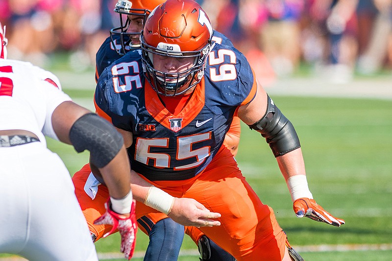 In this Oct. 14, 2017, file photo, Illinois offensive lineman Doug Kramer (65) blocks during an NCAA college football game against Rutgers in Champaign, Ill. For a program that has not had a winning record since 2011 and has reached the postseason just twice in that time, the hope is that Alex Palczewski, fellow linemen Kramer and Vederian Lowe and the super class will power a long awaited breakthrough in Champaign. (AP Photo/Bradley Leeb, File)