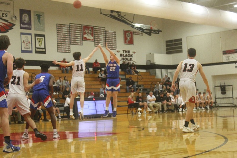 <p>Democrat photo/Kevin Labotka</p><p>Trevor Myers shoots during the Pintos’ Feb. 27 loss against Southern Boone in the first round of districts.</p>