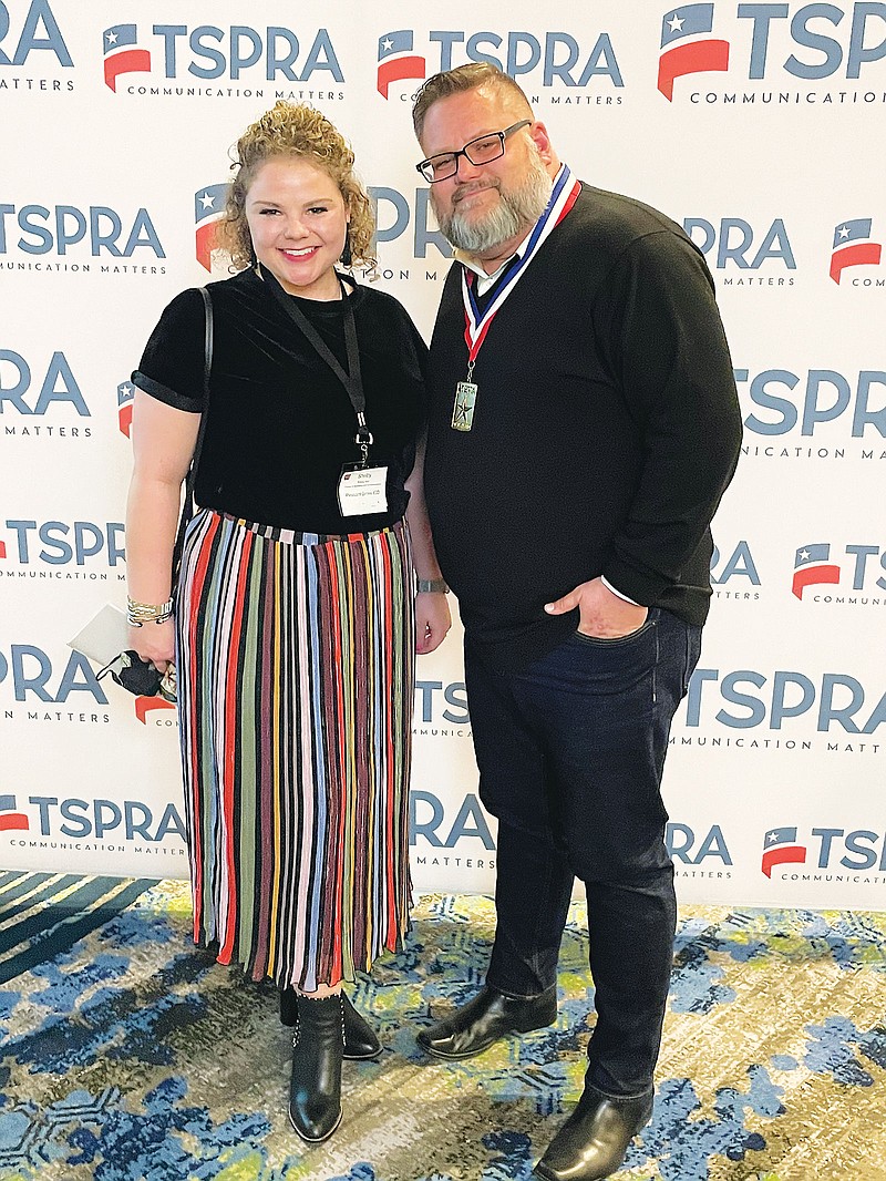 Shelby Akin and Matt Fry at the Texas School Public Relations Association at the annual conference in Denton, Texas.
