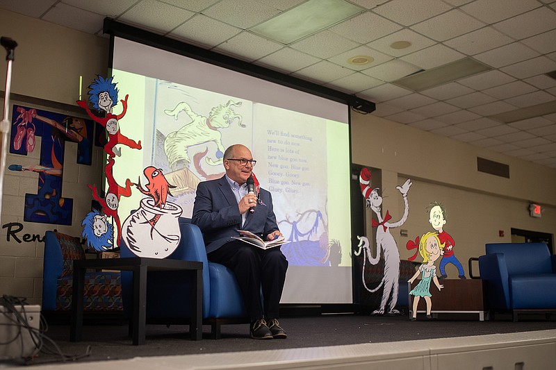Texarkana, Arkansas, Mayor Allen Brown reads "Fox in Socks" by Dr. Seuss Tuesday morning to Trice Elementary's first-grade class as part of National Read Across America Day.