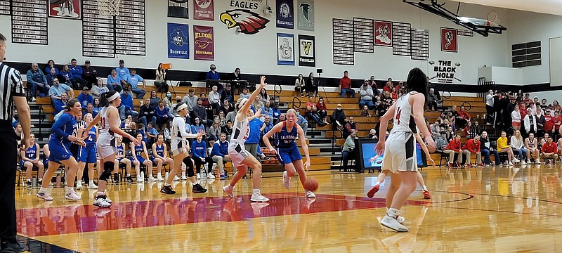 <p>Democrat photo/Kevin Labotka</p><p>The California Pintos girls basketball team saw its season end March 1, following a 48-39 overtime loss to Southern Boone in district play.</p>