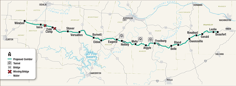 A map on Missouri State Parks' website shows the proposed corridor, along with tunnels, bridges and waterways. The interactive map can be viewed at bit.ly/2NWPgFx. (Courtesy of Missouri State Parks)