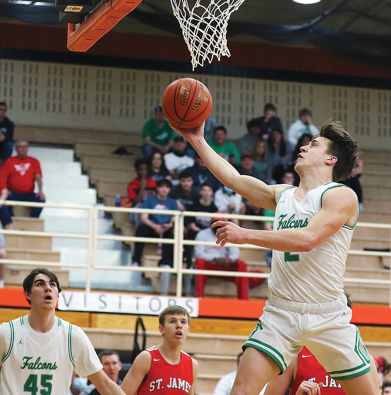 Carson Prenger of Blair Oaks goes up for a layup during Saturday's Class 4 District 9 Tournament championship game against St. James in Owensville.