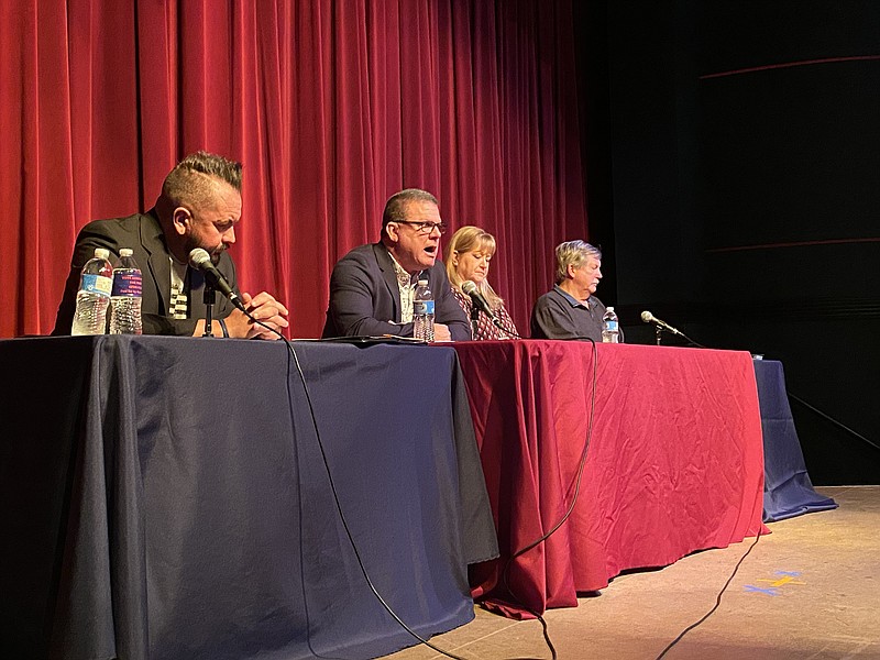 <p>Democrat photo/Austin Hornbostel</p><p>California citizens heard from mayor candidates Aaron Bishop, seated on the far left, and Rich Green, seated on the far right, on Monday night at a forum jointly sponsored by Moniteau County’s Republican and Democrat Clubs.</p>