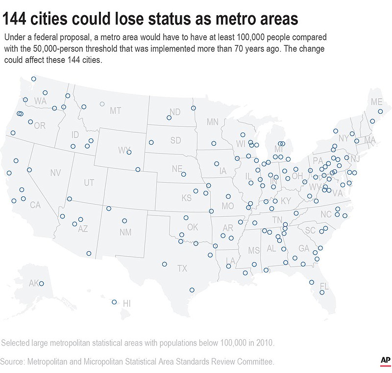 A map shows metro areas that might lose their designation as metropolitan statistical areas.