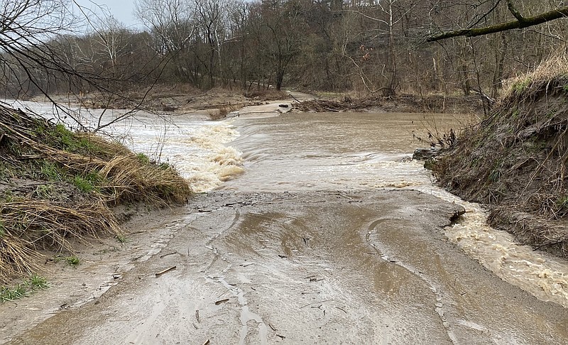High water at Murphy Ford is shown in this Wednesday, March 17, 2021, photo. Low-water crossings at North Branch Road, Murphy's Ford Road and Vaughn Ford Road in Cole County were closed as of Wednesday.