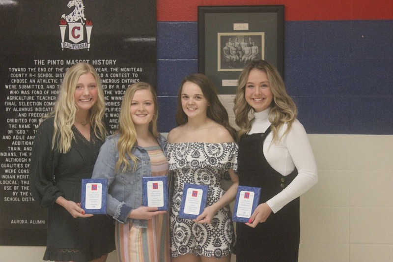 <p>Democrat photo/Kevin Labotka</p><p>Multiple Pintos basketball players were presented with awards for their performance last season at the California girls basketball team banquet on March 17. Tristan Porter won the Most Oustanding Offensive Performer award, Rylee Hees won the Most Outstanding Defensive Performer, Lilli Eichelberger won the Most Improved award, and Lauren Hill won the Inspiration award.</p>