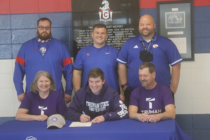 <p>Democrat photo/Kevin Labotka</p><p>California Pintos football player Bryant Davis signed with Truman State University on March 19.</p>